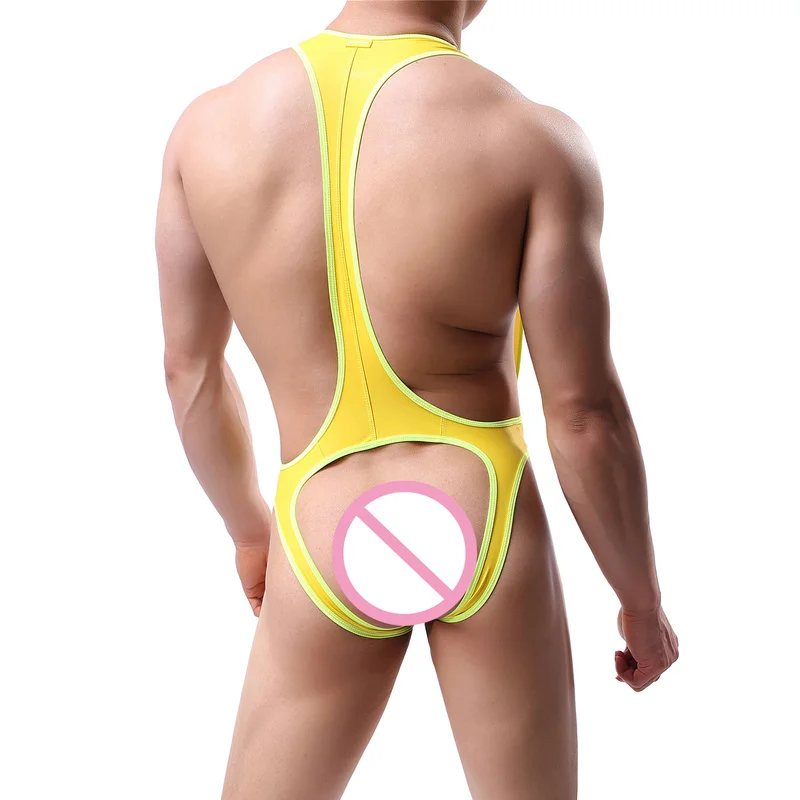 Mens Sexy Jockstrap Bodysuit U-convex Underwear Wrestling Singlet Leotard Vest Open Back Sissy Undershirt Jumpsuit Undershirt