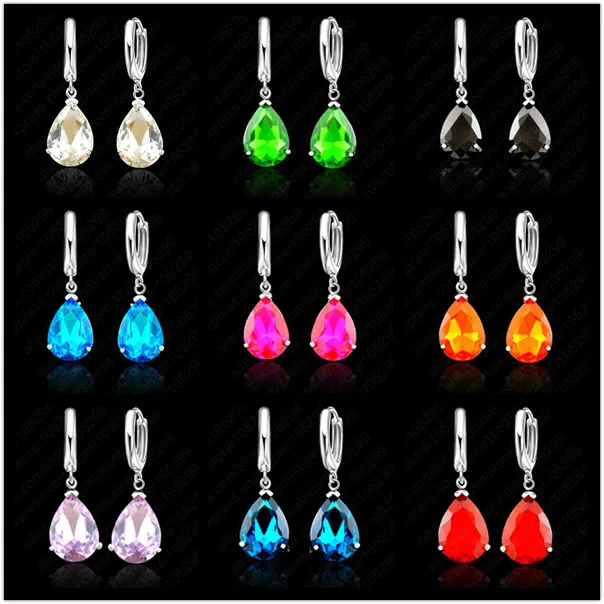 Water Drop AAA Zircon Crystal Woman Lever Back Loop Earrings 925 Sterling Silver White Gold Color Jewelry 9 Colors