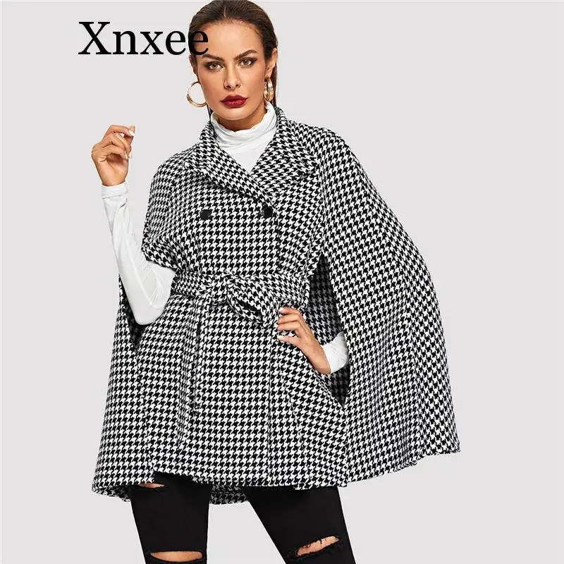 

Xnxee Black Office Self Belted Houndstooth Plaid Cape Wool Blend Winter Coat Women 2019 Autumn Fashion Cloak Sleeve Outerwear