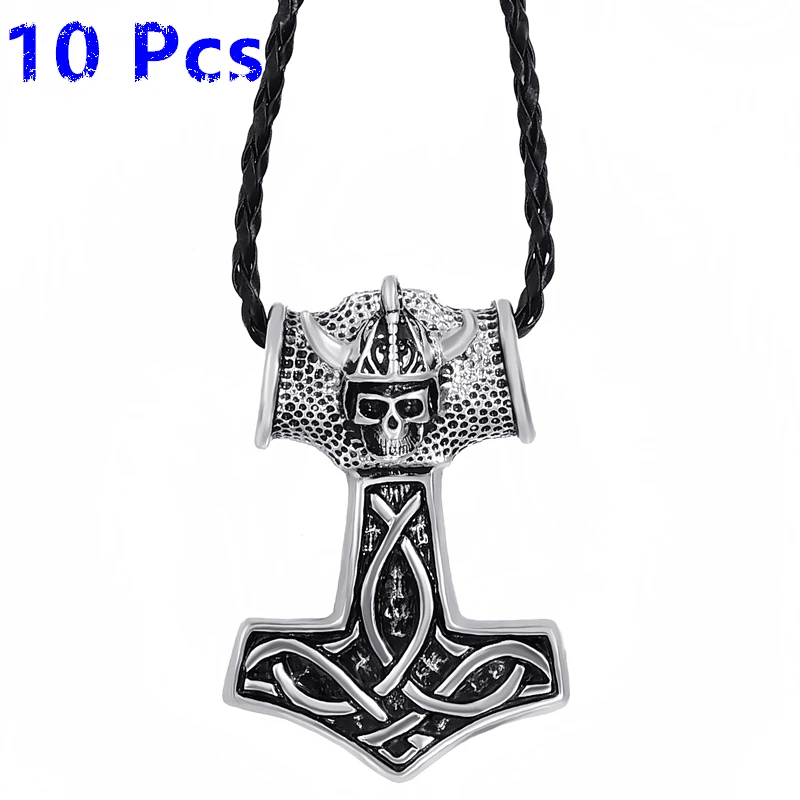 Wholesale 10 Pcs Mens Boys Large Thor's Hammer Skull Knight Mjolnir Pewter Pendant Necklace Jewelry WLP294