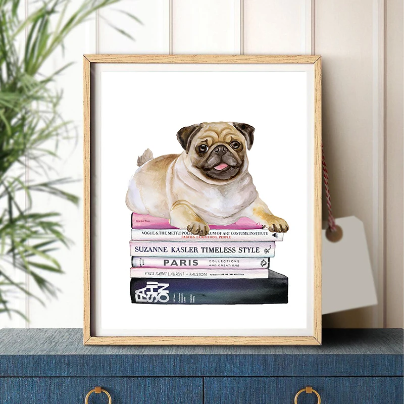 Fashion Art Books Stack Canvas Painting Pug Wall Picture Nordic Posters and Prints for Living Room Home Wall Decor