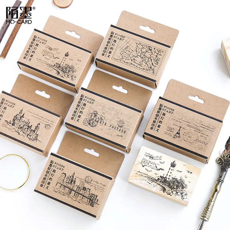 6PCS/LOT Wooden Seal Toy Stamp Album Diary To Decorate DIY Seal The Meaning of Travel Fancy Toy for Children