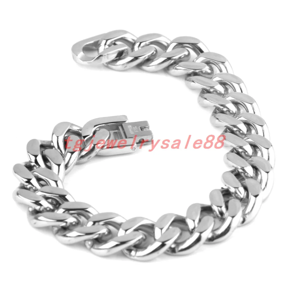 15mm Wide Top Polishing Silver Color 7-11inches Option Stainless Steel Cuban Curb Link Chain Bracelet Bangle Biker Men's Jewelry