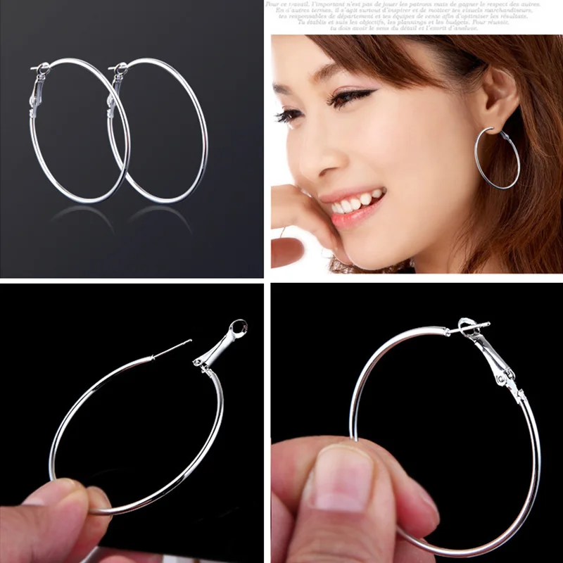 1 pair Women Hoop Earrings Silver Color Metal Big Circle Smooth Large Big Round Hoop Earrings Sexy Fashion Ear Jewelry