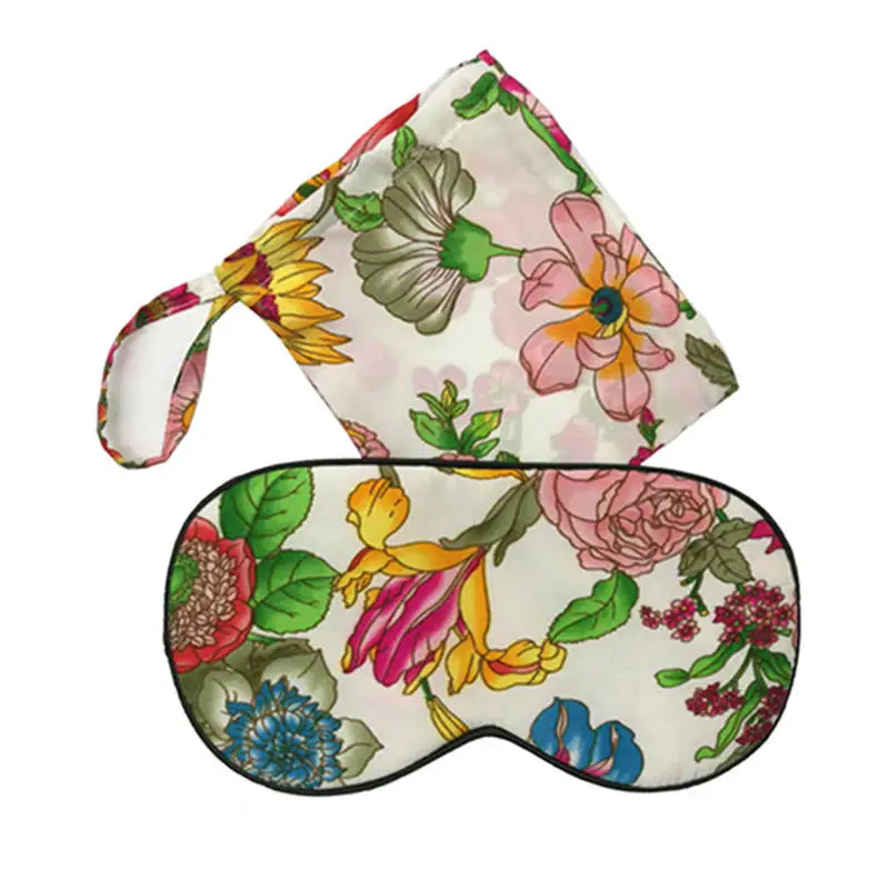 1PC 100% Pure Silk Sleep Eye Mask Floral Pattern with Matched 1PC 100% Silk Drawstring Bags for Travel Relax Aid Multicolor