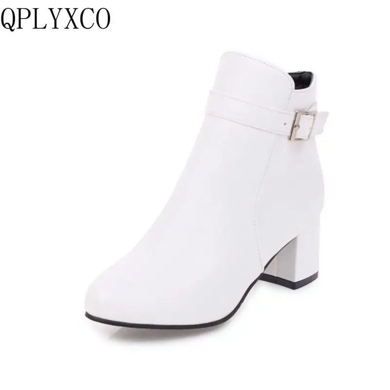 QPLYXCO Ankle Boots Women New Fashion High Heels Round Toe Zip Big Small Size 31-45 Spring Autumn Winter Zipper Short Boots 3-9