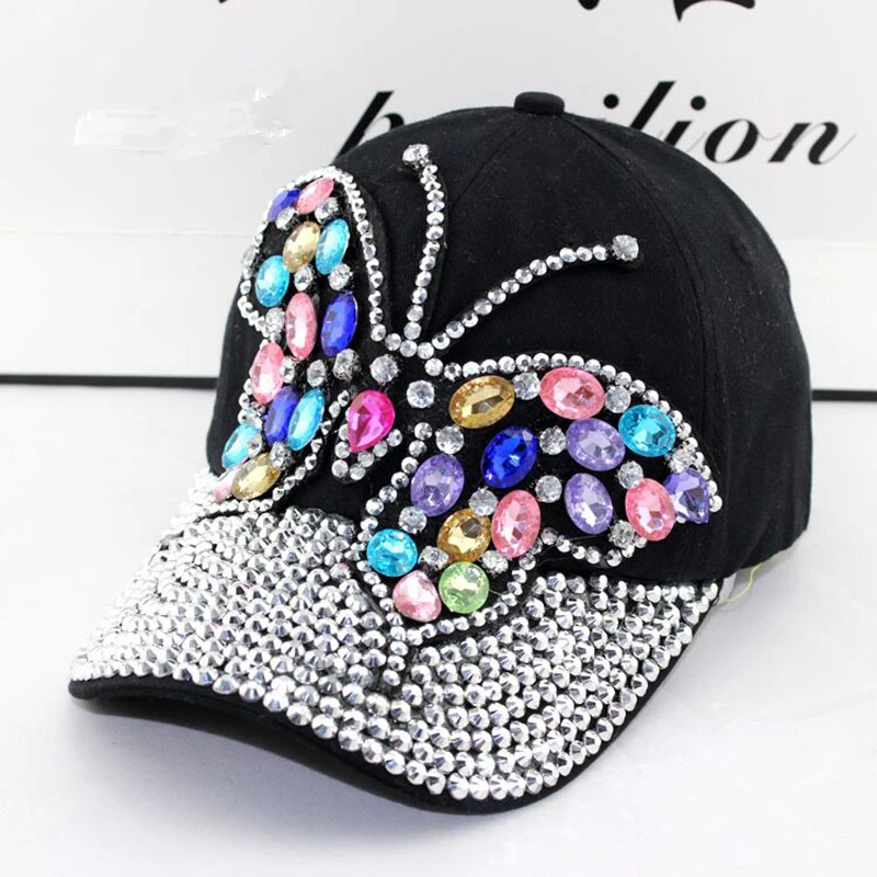 2017 fall Baseball Cap Women Full Crystal Colorful Big Butterfly Hat Denim Bling Rhinestone Snapback Caps Casquette Summer hats