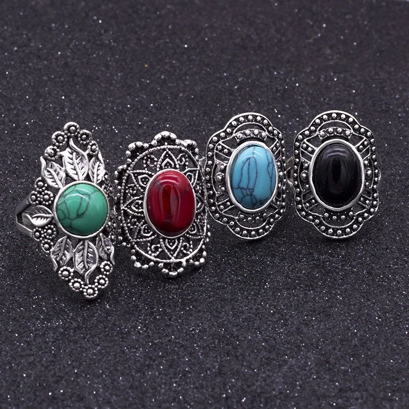 20pcs Wholesale Vintage Hollow Mix Stone Ancient Silver Color Ring Lots Fashion Jewelry Women Rings Dropshopping