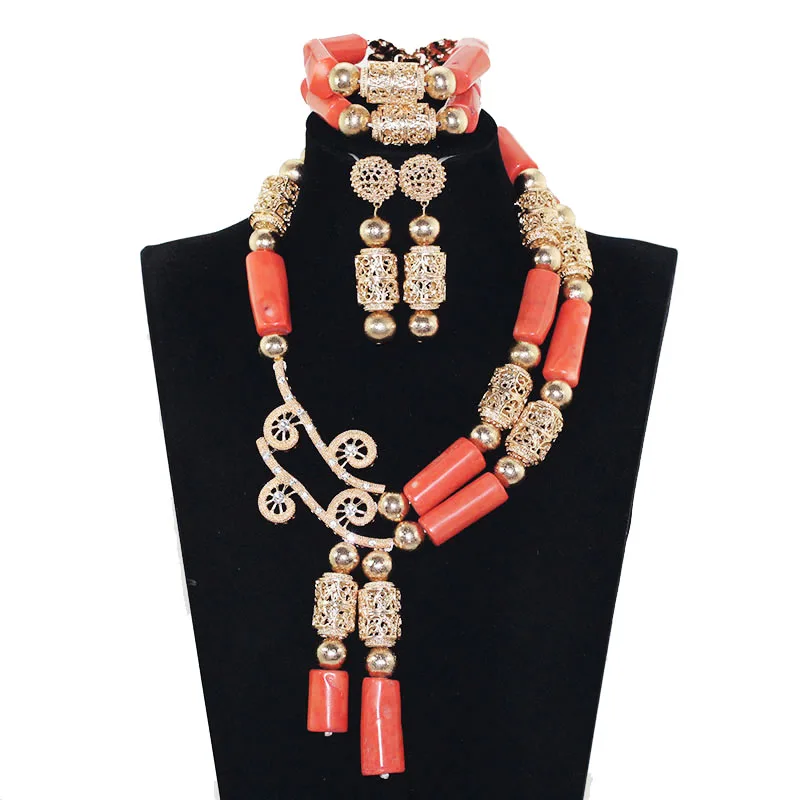 

Fashion Jewelry Set African Coral Beads Exclusive Real Coral Pendant Bridal Necklace Set Copper Gold Accessory Free Ship ABH554