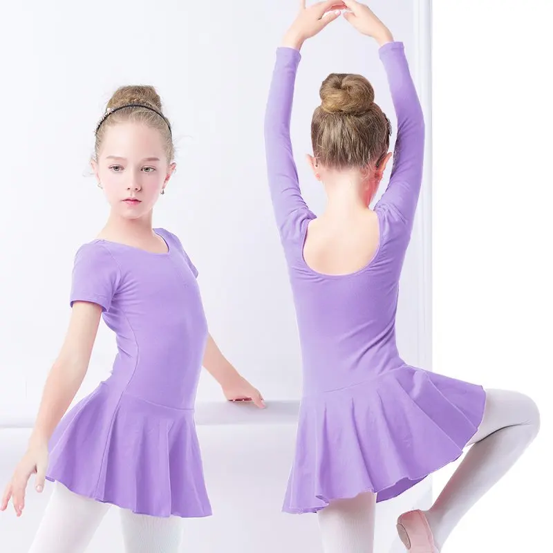 Collant de balé infantil para meninas, vestido de dança rosa collant manga curta, algodão treino dancewear, gola redonda