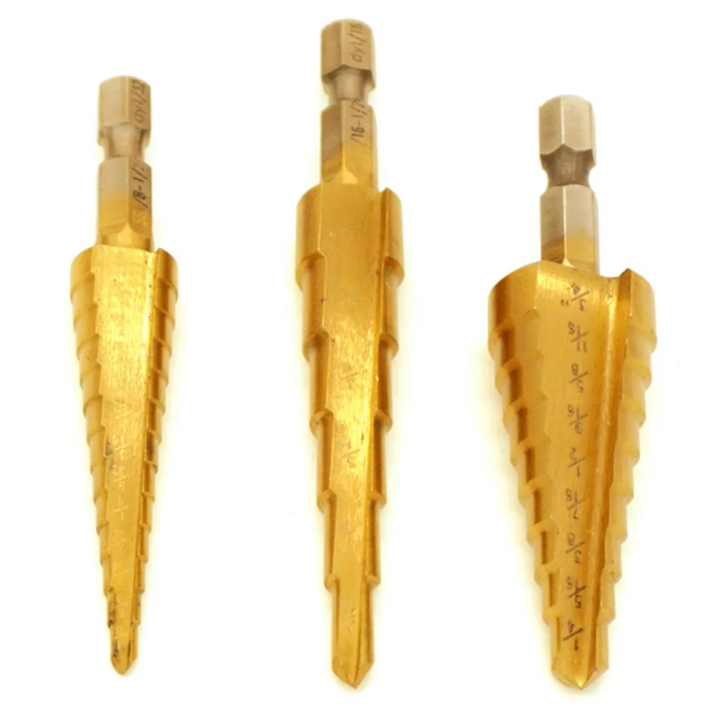 

3pc Spiral Flute Cone Titanium Coated Step Drill Bit Set Pagoda Hex Shape Hole Cutter Sharpening