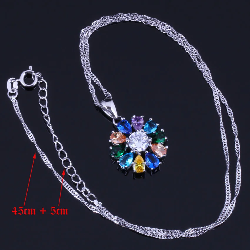 Enjoyable Multigem Multicolor Brown Cubic Zirconia Silver Plated Jewelry Sets Earrings Pendant Chain Ring V0310