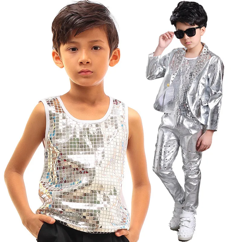 Boy Jazz Performance Costume Singer Children Hip Hop Dancing Clothes Sequin Vest Black T-Shirt Boys Tops Dance Wear DNV10056