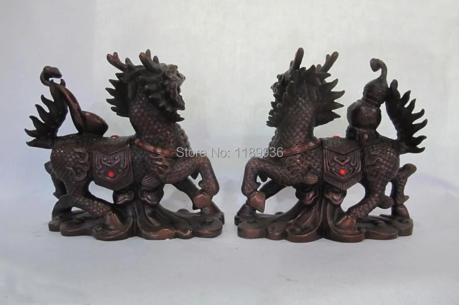 Chinese Fengshui Red Bronze Copper Ruyi Gourd Foo Dog Lion Kirin kylin Pair