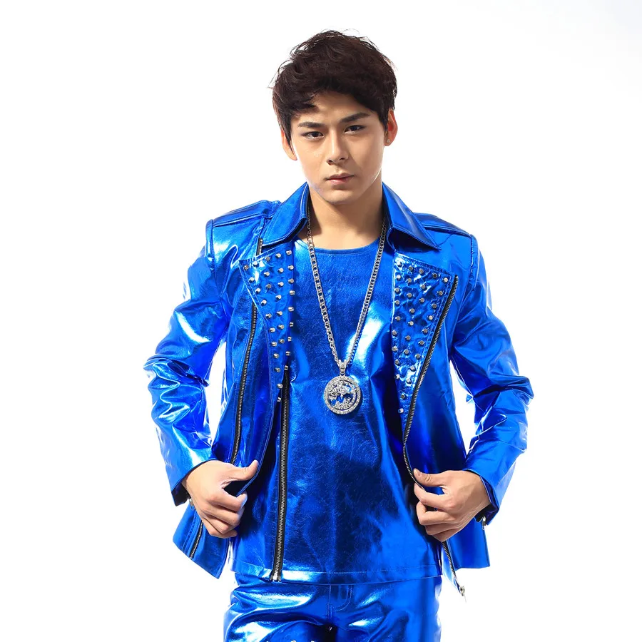 (Jacket+Pants+Vest) Men Blue Rivet Faux Leather Suits Dancer Singer Stage Performance Show Bar Nightclub Costume Outfits Set