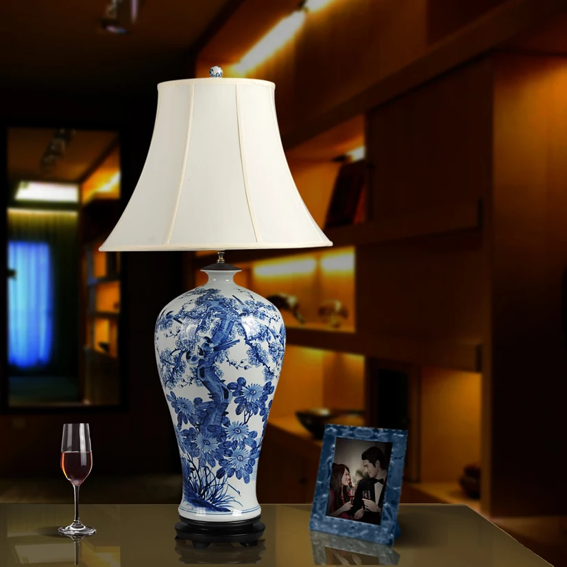 Art Chinese porcelain ceramic table lamp bedroom living room wedding table lamp Jingdezhen table lighting lamp blue white bird