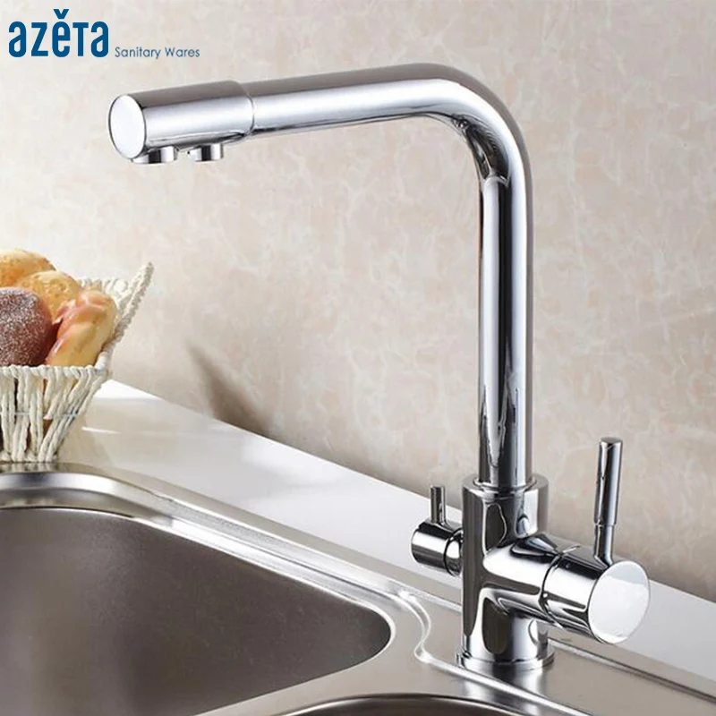 

Azeta Chrome Plated 3 Way Faucet Deck Mounted Kitchen Faucet 360 Degree Rotation With Water Purification Kitchen Sink Tap AT7208