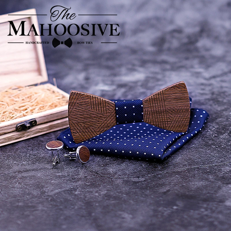 Men\'s Plaid Wooden Bow Tie Set Striped Wood Bowtie Handkerchief Cufflinks Sets With Wood Box For Men Wedding Gift