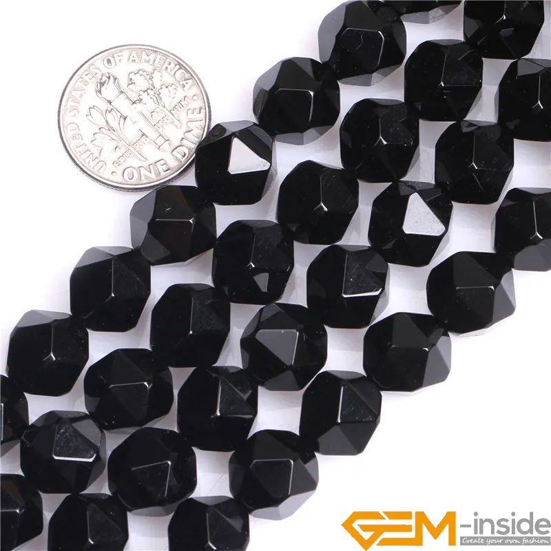 Natural Stone Black Agates Faceted Polygonal Beads For Jewelry Making Strand 15\