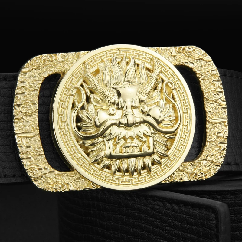 

High Quality Metals Alloy buckle lion belt men fashion designer genuine leather Waist Strap Cowskin luxury wide ceinture homme