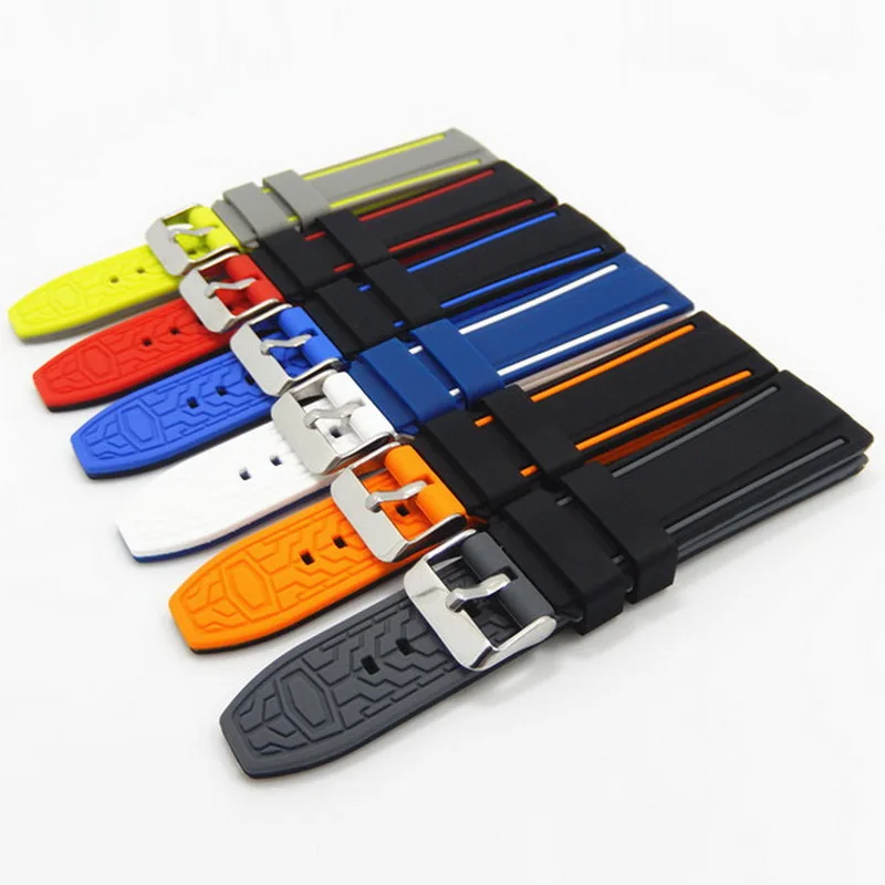 Correas de goma suave para reloj deportivo, correa de silicona impermeable para buzo, colores dobles, negro, azul, rojo y naranja, 20mm, 22mm, 24mm,