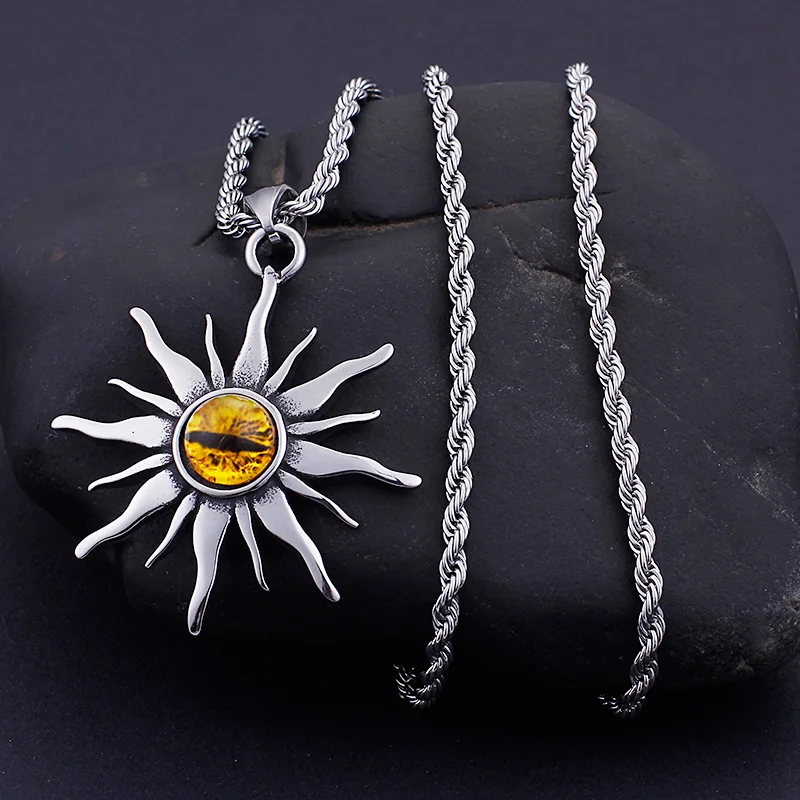 Stainless steel Hip-hop domineering Sun Pendants Necklace 4mm 22 inch rope chain Men's Cool Jewelry