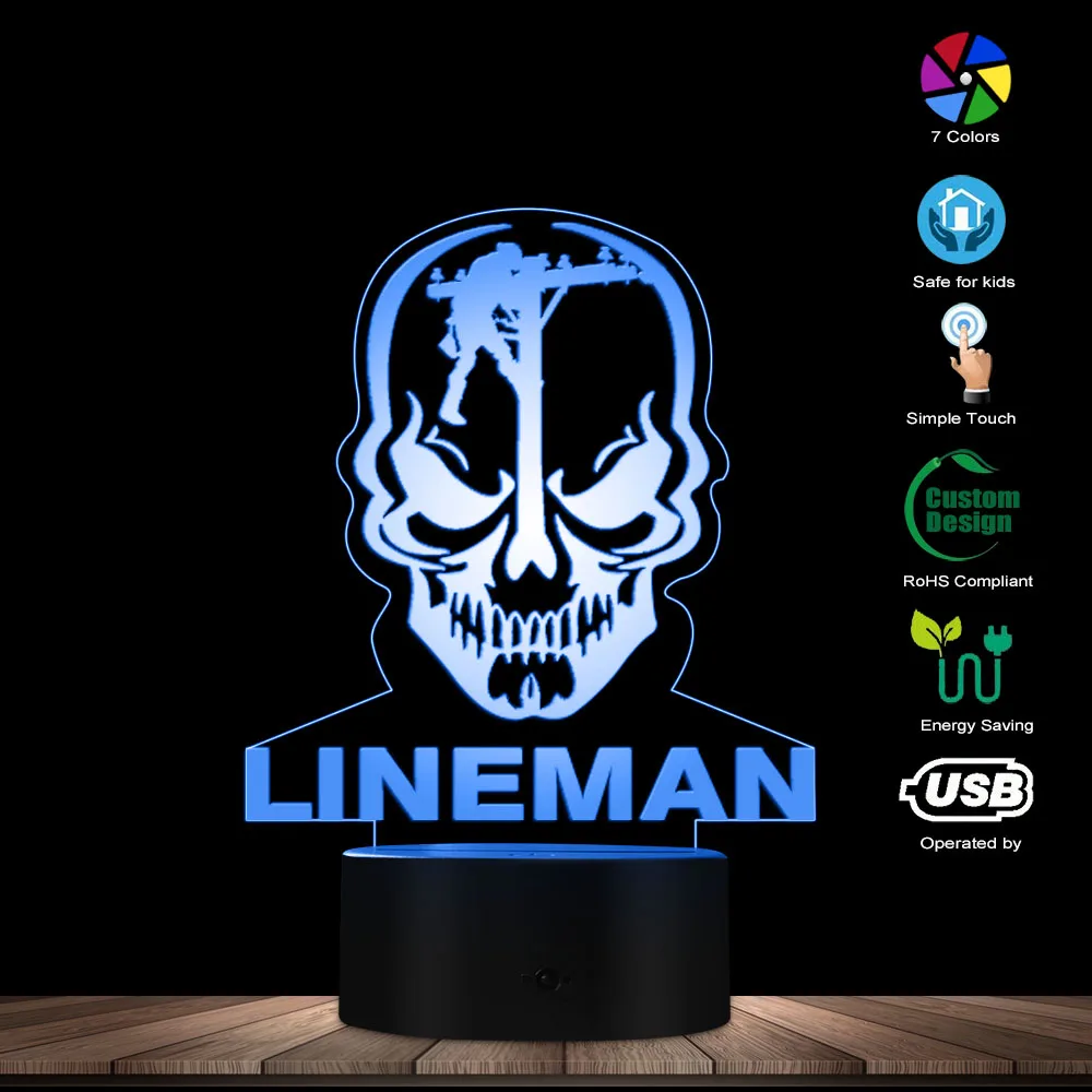 Personalizzato Lineman ispirato luci a LED Lineman Skull 3D illusione ottica lampada lampada progettata su misura regalo decorativo per elettricista