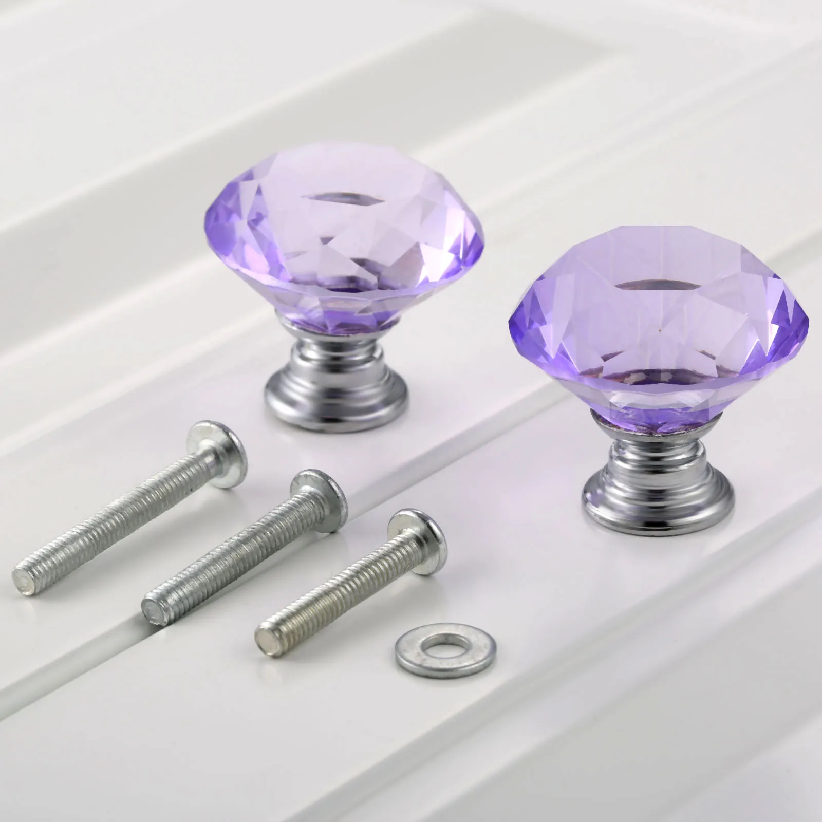 DRELD 2Pcs 30mm Diamond Crystal Drawer Pulls Glass Door Cabinet Wardrobe Pull Knobs Purple Furniture Handles + 6Pcs Screws