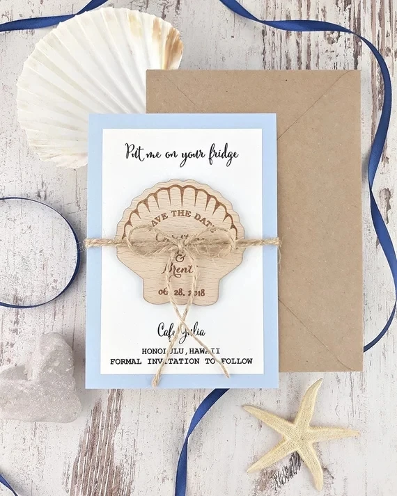 

personalize names date engraved Wooden Card save the date Wedding invitations Magnets,Shell Magnet, Beach Magnet