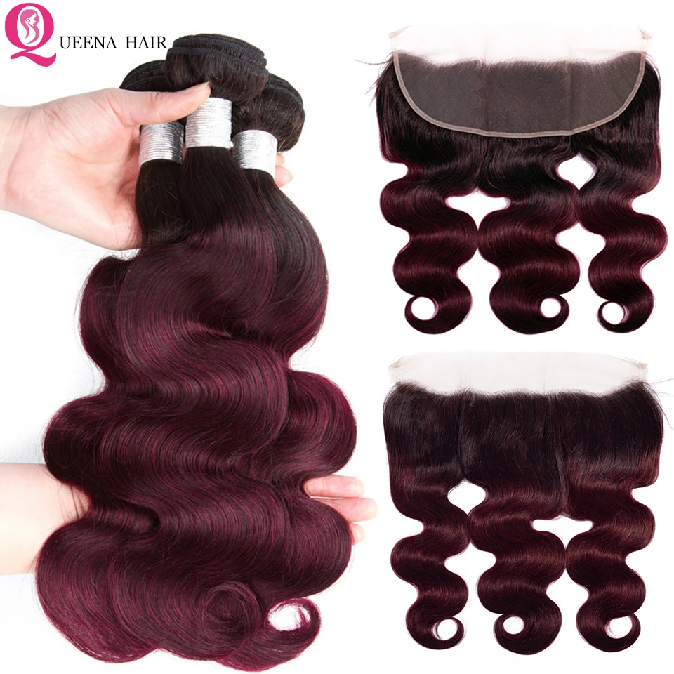 Ombre 1B 99j Burgundy 2/3/4 Bundel dengan Frontal Penutupan Berwarna 99 J Tubuh Gelombang Baku Indian Rambut Manusia menenun dengan Frontal