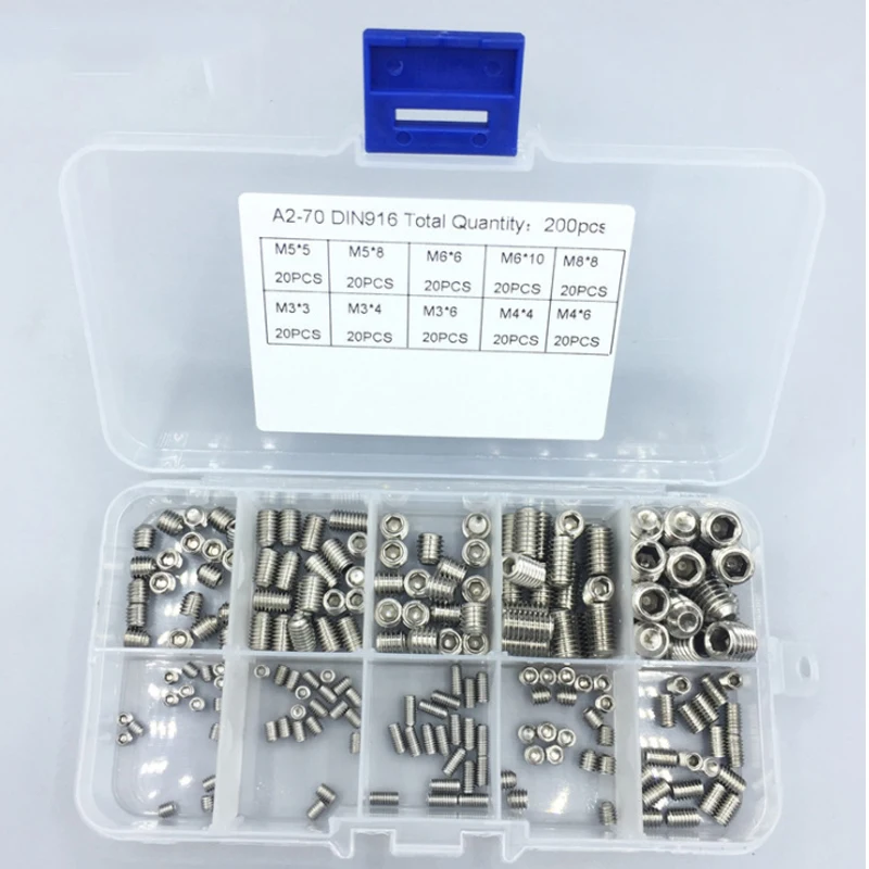 200pcs M3/M4/M5/M6/M8 Grub Screws Hex Socket Screw Stainless Steel Assortment Kit Set Storage Box