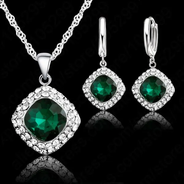 High Quality 925 Sterling Silver Needle Jewelry Set Short Chain Charm Square Pendant Necklace Earring Crystal for Women image 4