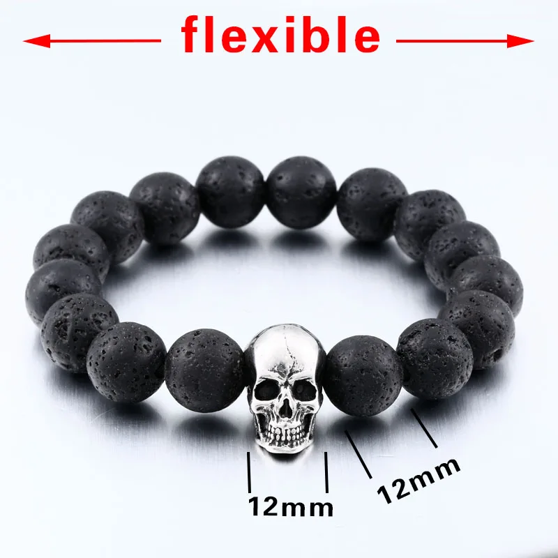 BEIER Pulseira Masculina Black Lava Stone men Jewelry natural stones skull Charm bracelet bangle Punk rock  jewelry HSS005