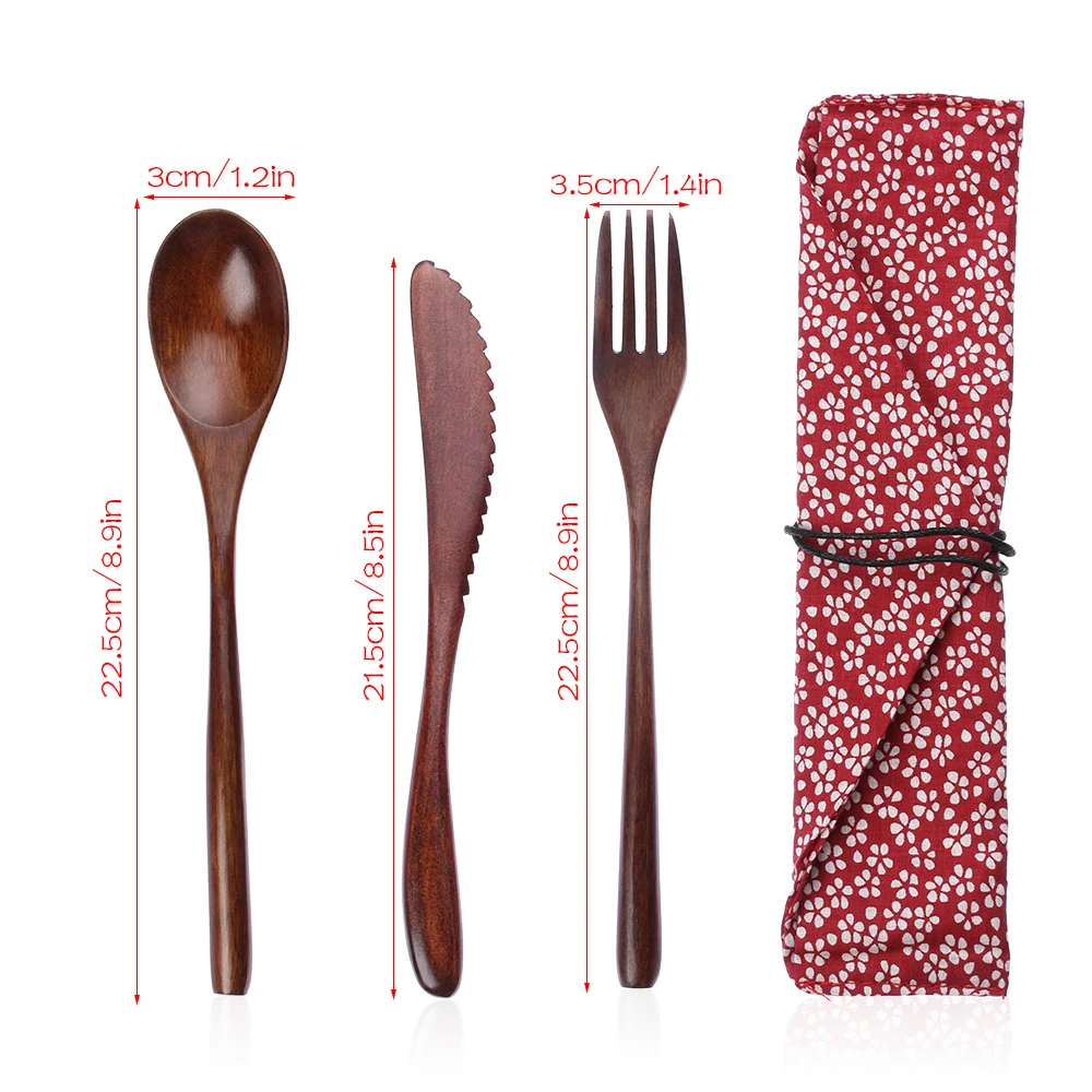 Portable Wooden Cutlery Set Spoon Fork Cutter Reusable Wood Bamboo Flatware With Bags Dinnerware Tableware Student Lunch Gift