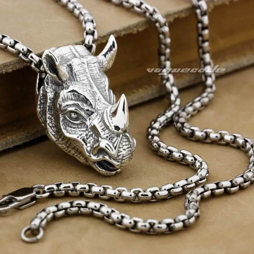 

LINSION Rhino Rhinoceros Head Pendant 925 Sterling Silver Mens Biker Pendant 8C024
