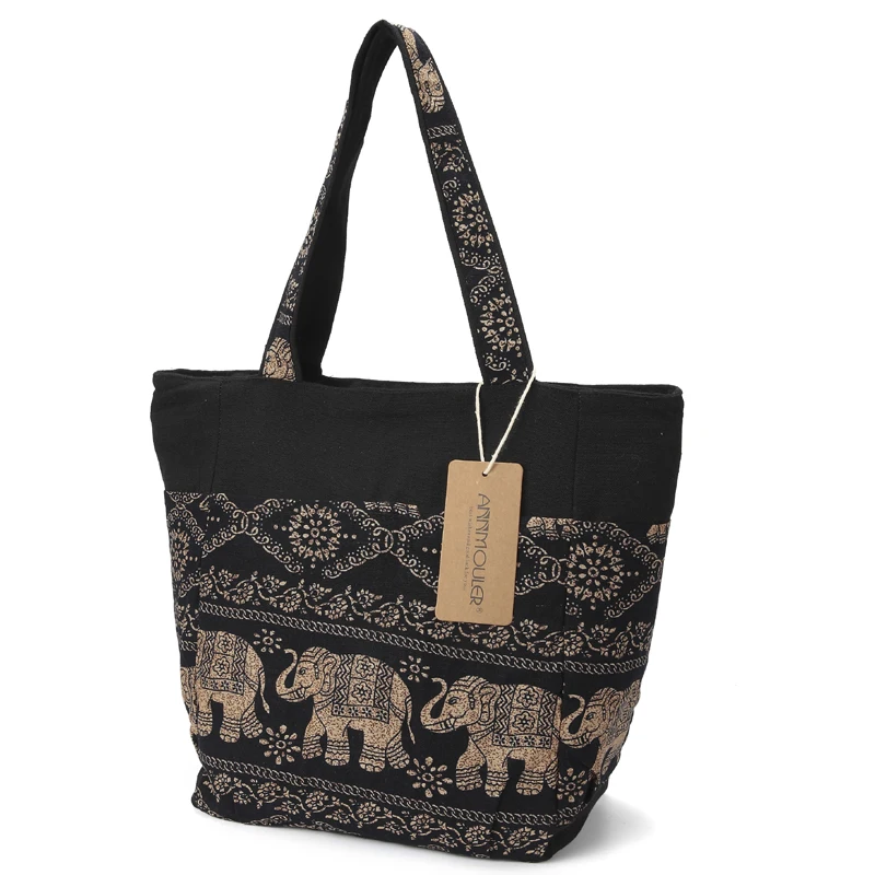 Annmouler Large Capacity Shoulder Bag Elephant Printed Women Tote Bags Canvas Patchwork Handbags Top Handle Cotton Totes