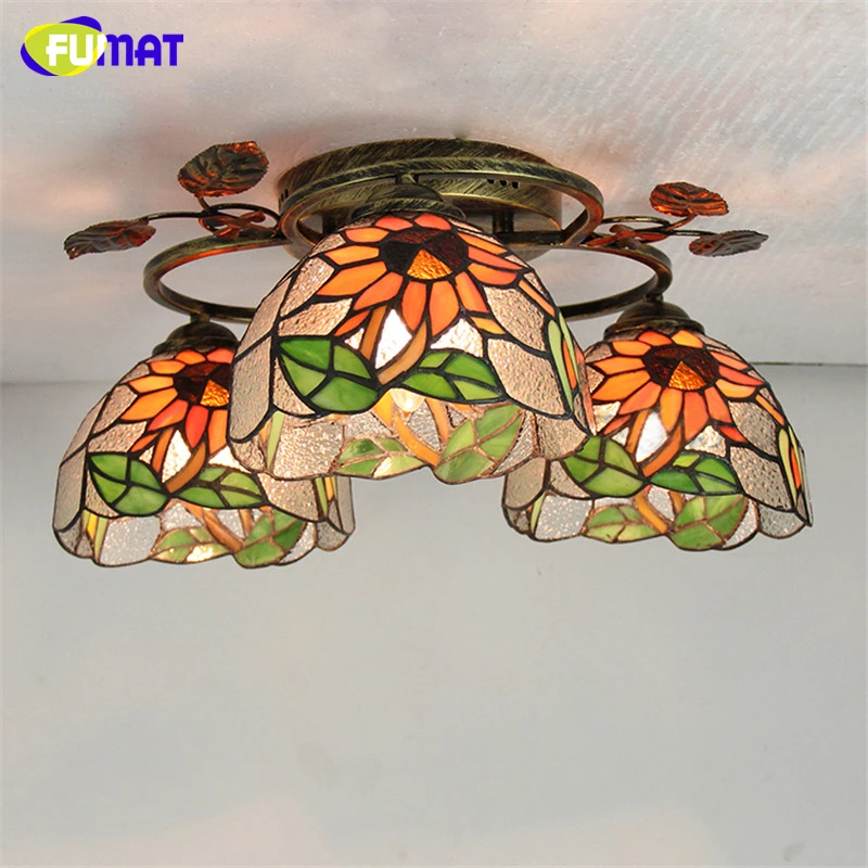 FUMAT Glass Art Lamp European Style Creative Round Dragonfly Rose Ceiling Lamps Stained Glass Light Fixtures For Living Room