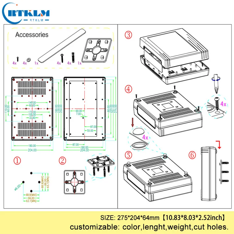 Carcaça de plástico para montagem de parede, caixa de plástico para eletrônicos, abs, projeto, diy, caixa de junção, invólucro de instrumento de plástico 275*204*64mm