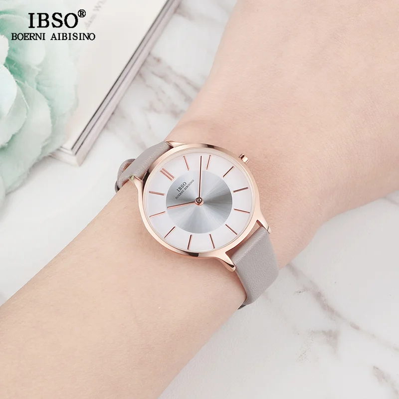 IBSO Brand 8 MM Ultra-Thin Quartz Watch Women Gray Leather Women Watches 2021 Luxury Ladies Watch Montre Femme