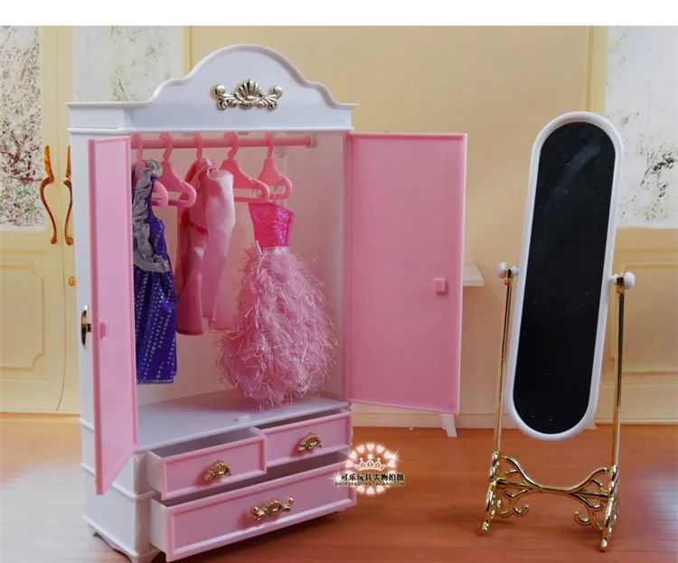 Hot selling baby toys house accessories doll mini furniture sets wardrobe+moirror+hanger for barbie doll for kurhn doll