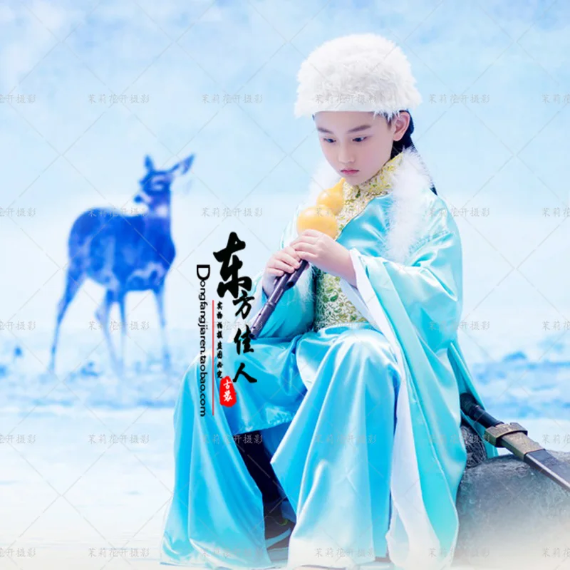 Fei Yu Blue Winter Costume for  Little Boy Children's Day Performance or Photography Costume Hanfu including Hat