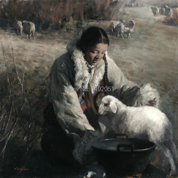 

Chinese impression young sheepherder countryside girl with sheep modern art canvas prints portrait figurative art posters