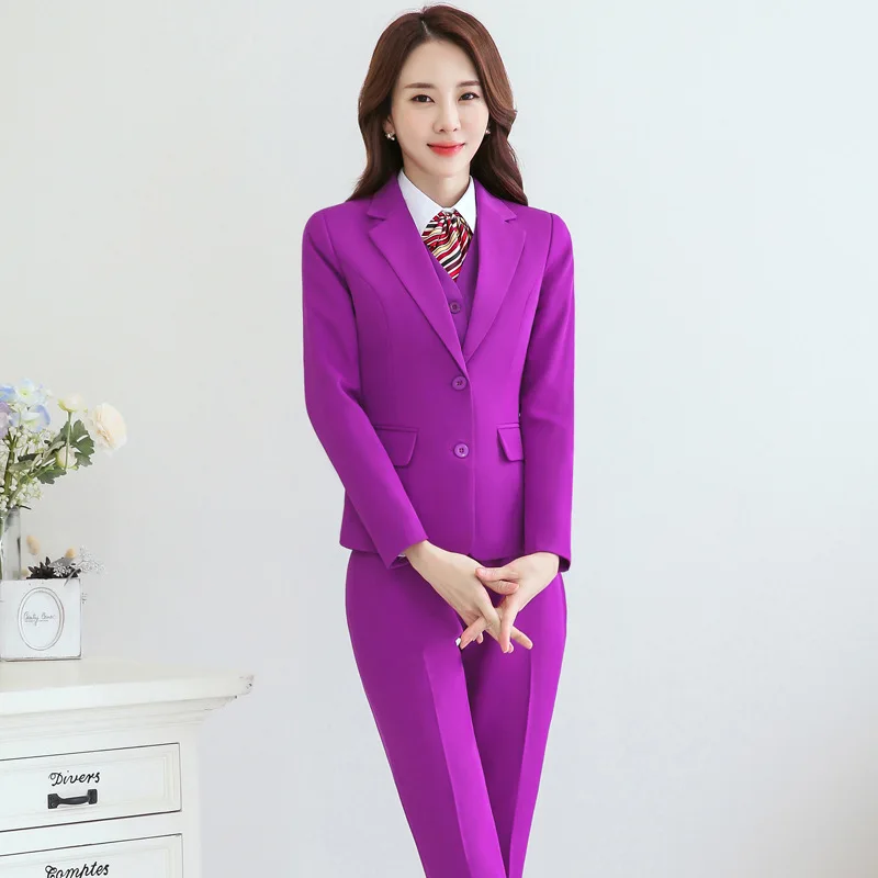 

IZICFLY New Spring Autumn Purple Uniform Designs Women Suits With Pant Office 2 Pieces Elegant Business Trouser Wear Work