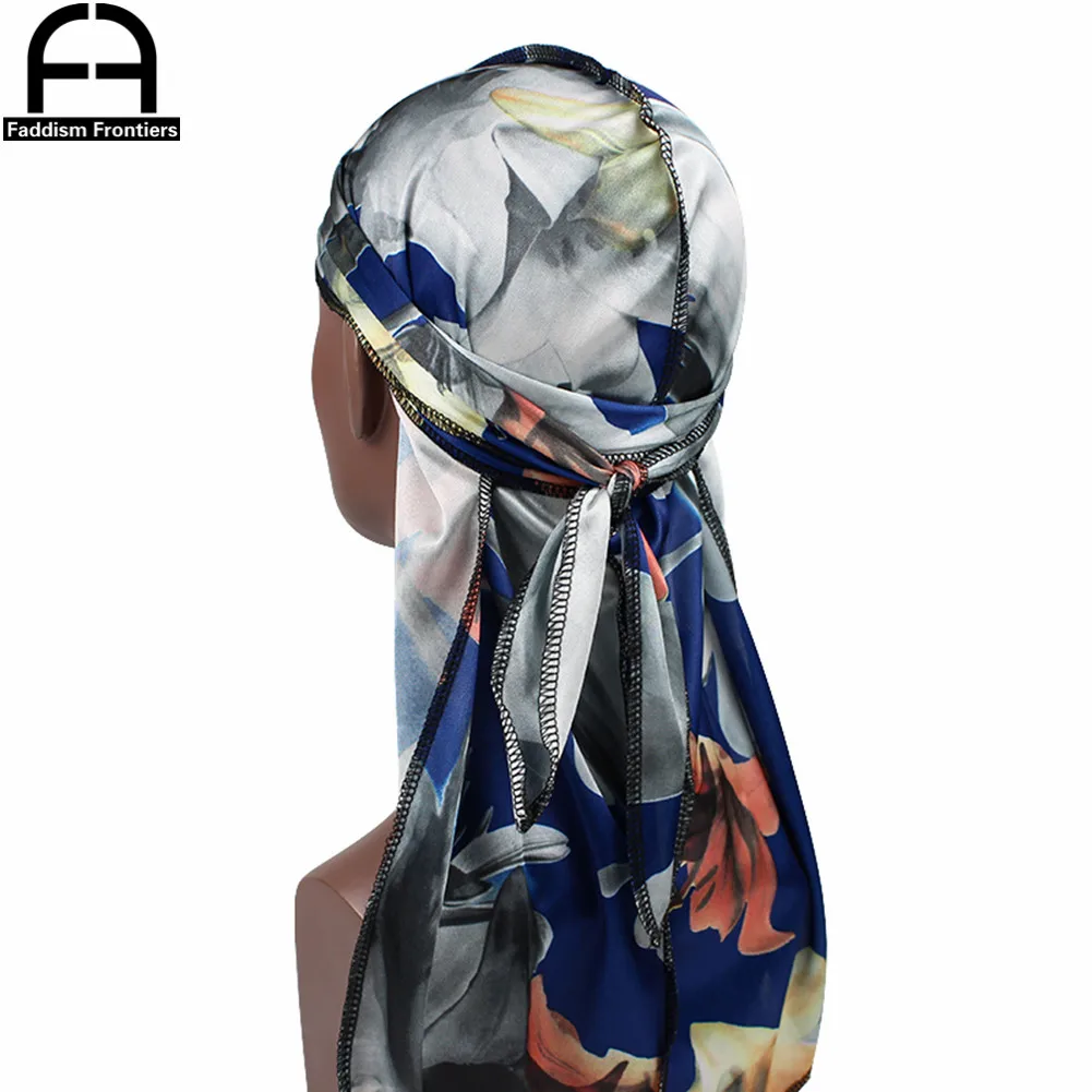 Unisex Men Floral Silk Durag Stretchy Bandanas for Men Turban Hat Headwear Long Straps Headband Waves Silky Durags