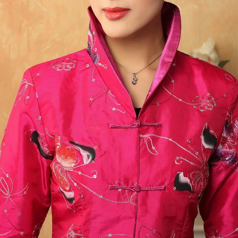 Novelty Clothes Rose red Women\'s Chinese Traditional Hand-painted Jacket Vintage Tang Suit Butterfly Pattern Coat Outerwear