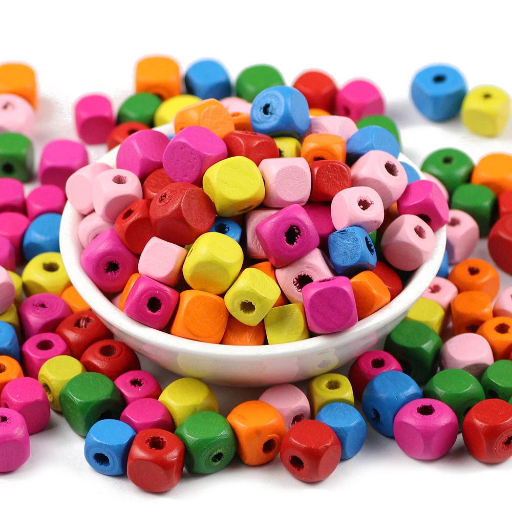 JHNBY 50pcs 8/10mm Square Wood Beadding Mixed Color Loose Beads for Jewelry Making DIY Necklace&Bracelets Eco-Friendly Wooden