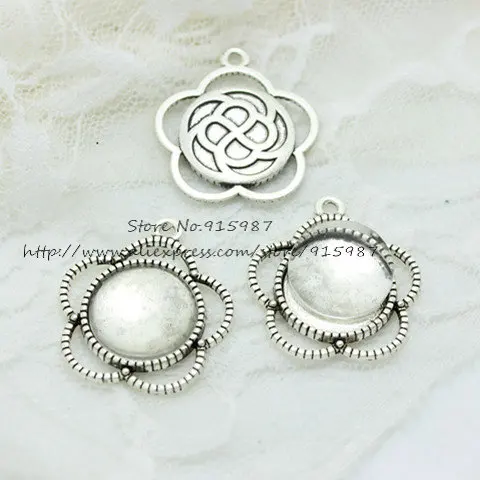 15pcs/lot Antique silver  Metal Alloy flower 33*37mm(Fit 20mm dia) Round Cabochon Pendant Settings Jewelry Blanks Charms 7C1198