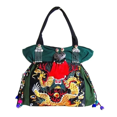 High quality Women\'s bag Green canvas shoulder bag Embroidery Ethnic bags DIY handmade beaded large designer women handbags