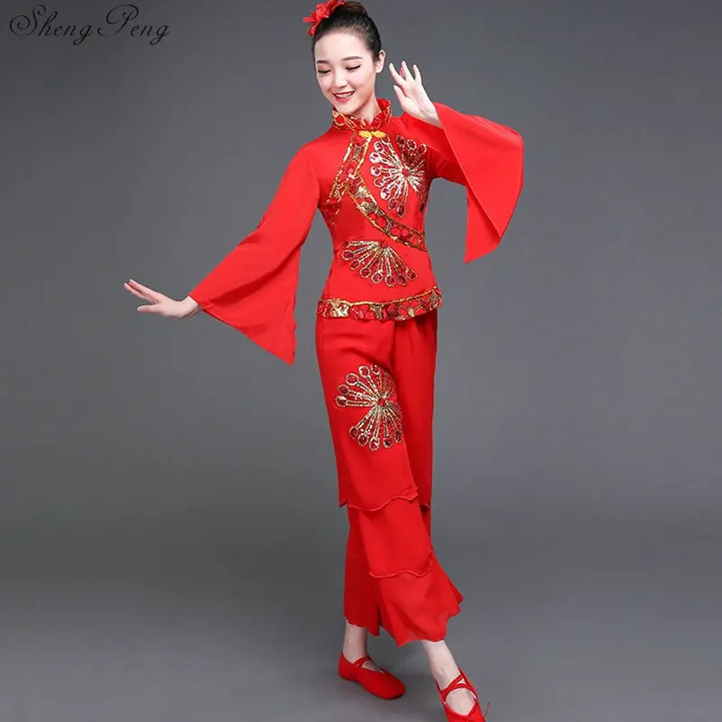 Chinese folk dance classical costumes ballroom dance competition dresses Chinese traditional costume women red Q357