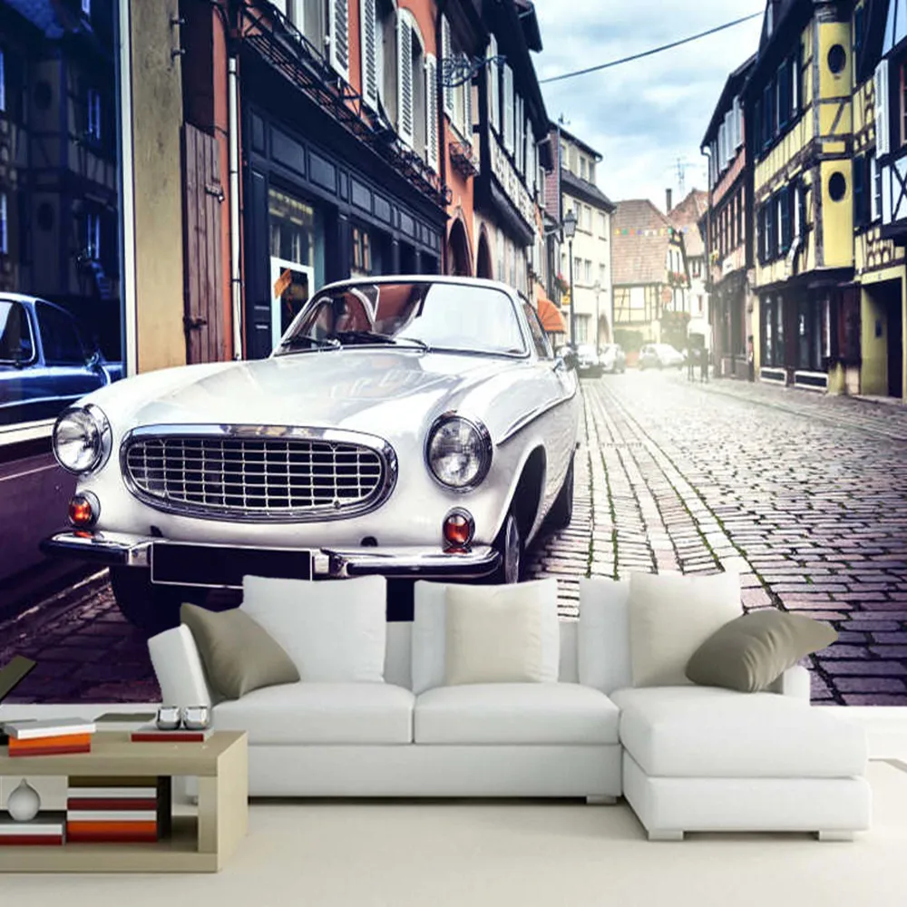 Retro car parked in old european city street retro 3d wallpaper papel de parede,living room TV wall bedroom restaurant bar mural